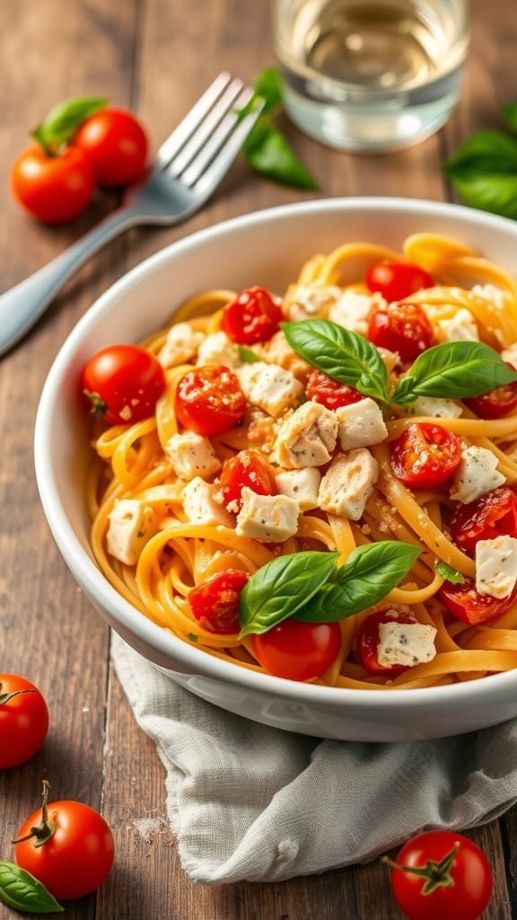 Creamy Feta Tomato Pasta with Chicken Creamy feta tomato pasta with chicken, garnished with basil, on a rustic table.